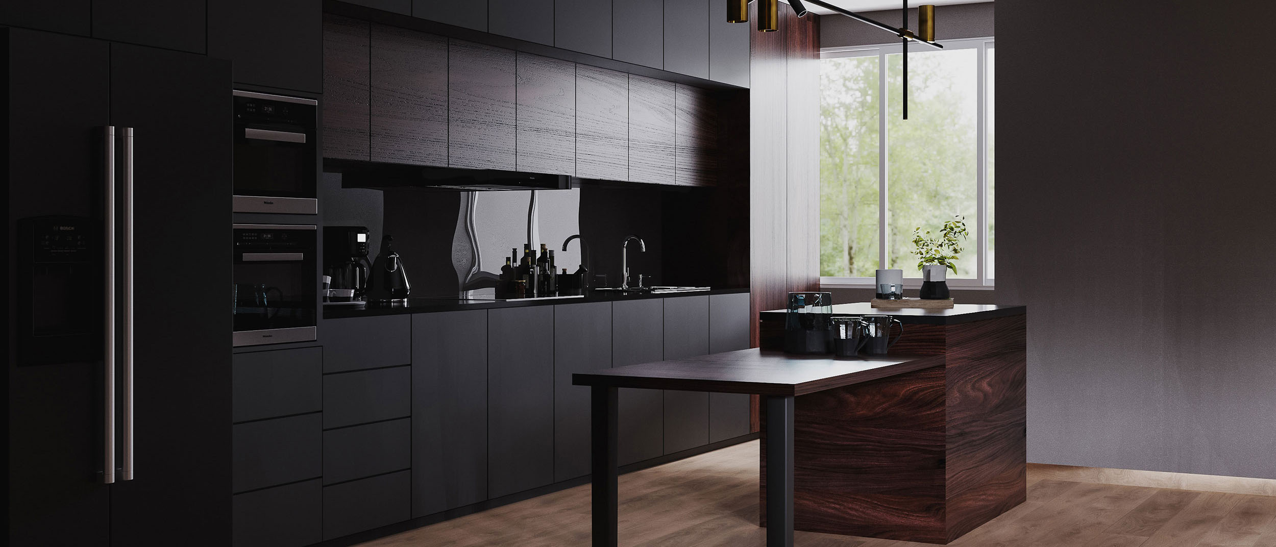 Modern dark kitchen and dinning room interior with furniture and